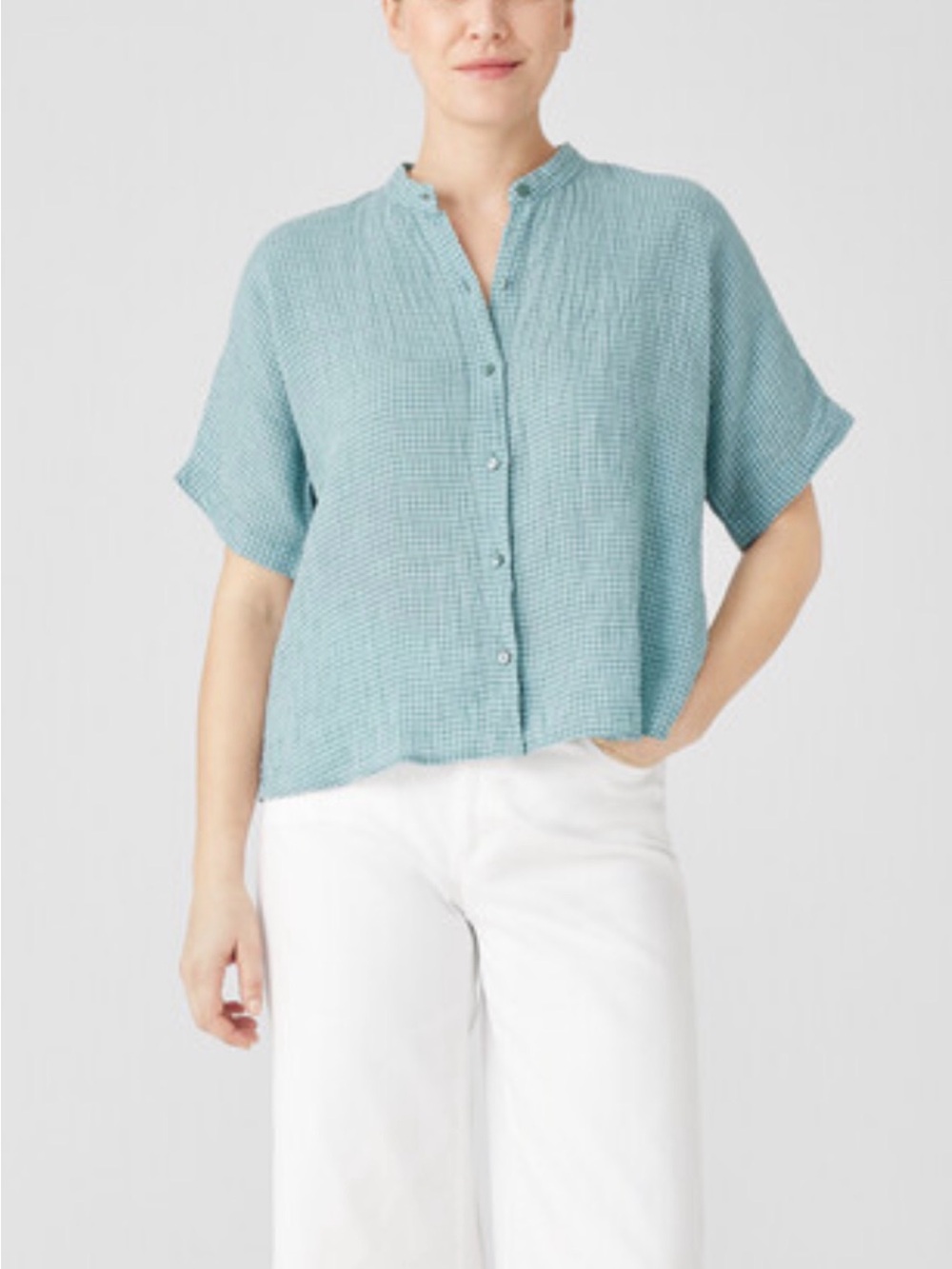 Eileen Fisher Puckered Organic Linen Relaxed Short Sleeve Button-Front Top Teal